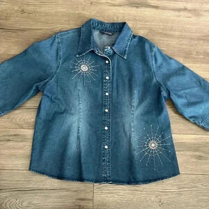 [18]LAFEI NIER Ladies Stretch Denim Blouse Rhinestone Spider  Web Design